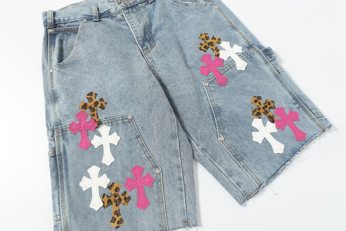 Chrome Hearts Vintage Cross Patchwork Washed Carpenter Denim Shorts 201